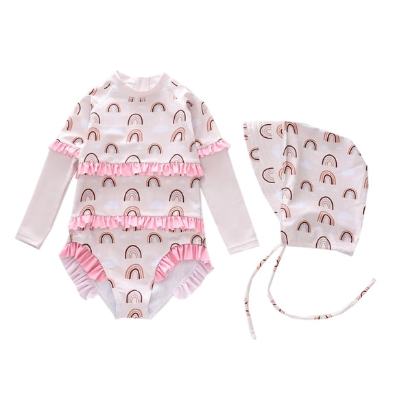 Tiijoy Girls Ruffle Long Sleeved Rashguard One-Piece Swimsuit Hat Bathing Suit with UPF50+, Sizes 2-12