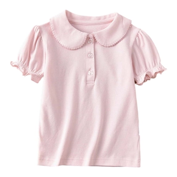 Tiijoy Girls Ruffled Short Puff Sleeve Polo Shirt Summer Casual Cotton Blouse, Sizes 4-5