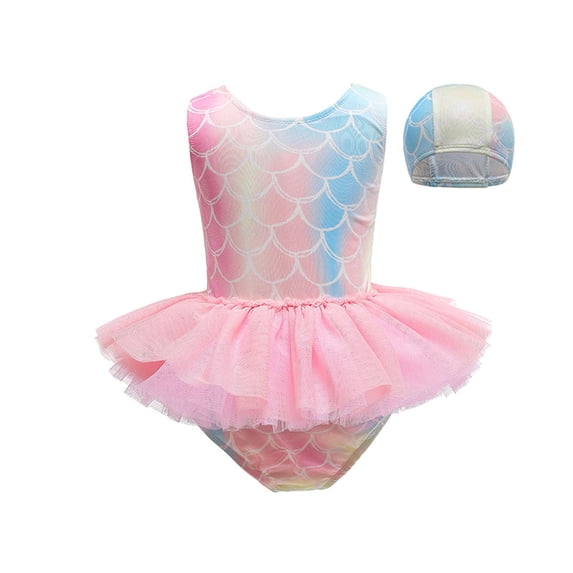 Tiijoy Girls Scale Print Ruffle One-Piece Swimsuit with Swim Cap Bathing Suit, Sizes 2-8