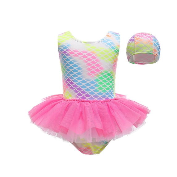 Tiijoy Girls Scale Print Ruffle One-Piece Swimsuit with Swim Cap Bathing Suit, Sizes 2-8