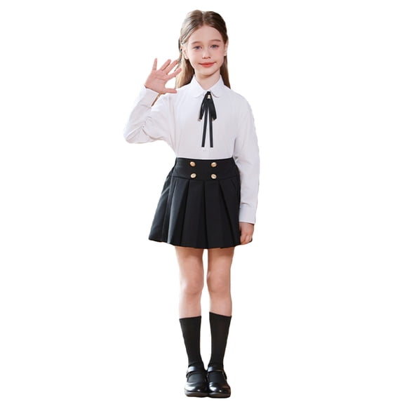 Tiijoy Girls School Uniform Long Sleeve White Shirt Pleated Skirt Outfit Set, Sizes 3-18