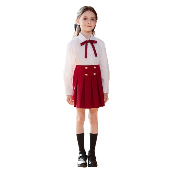 Tiijoy Girls School Uniform Long Sleeve White Shirt Pleated Skirt Outfit Set, Sizes 3-18