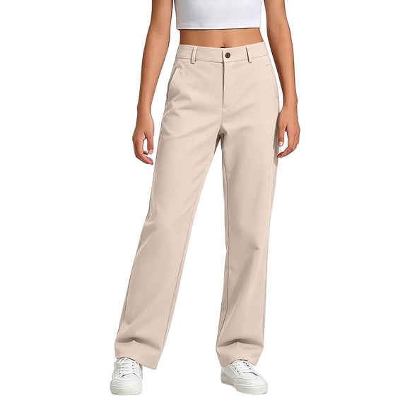 Tiijoy Girls School Uniform Pants Unisex Straight Leg Flat Front Pants, Beige, Size 5-14