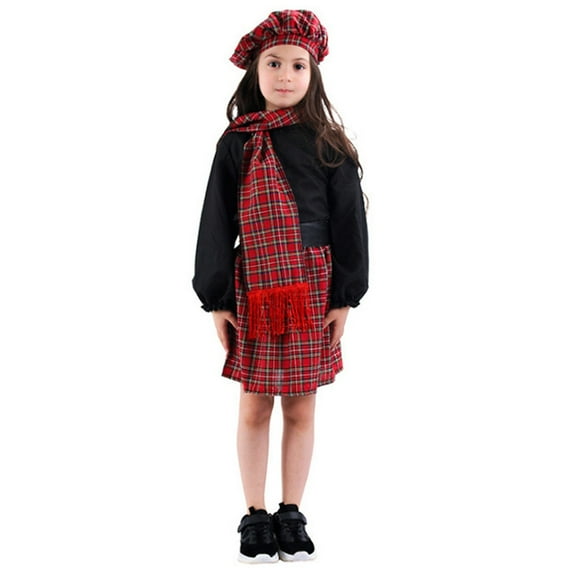 Tiijoy Girls Scottish Traditional Outfits Sweatshirt Plaid Skirt Scarf Hat Belt 5Pcs Set