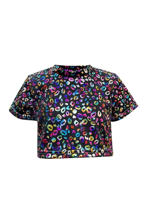 Girls Sequin Sparkly Crop Top Short Sleeve Crew Neck T-Shirt, Sizes 6-8