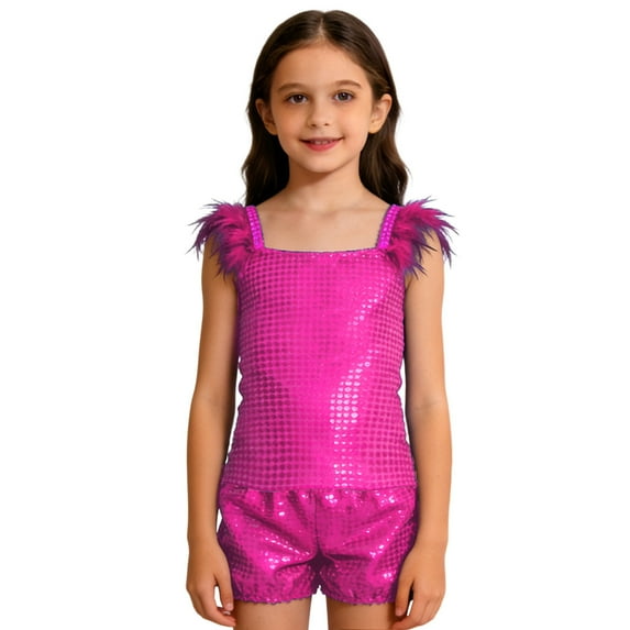 Tiijoy Girls Shiny Sequin Sleeveless Top and Shorts Set for Stage Show Party, Sizes 11-12