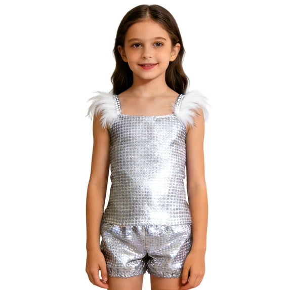 Tiijoy Girls Shiny Sequin Sleeveless Top and Shorts Set for Stage Show Party, Sizes 7-8