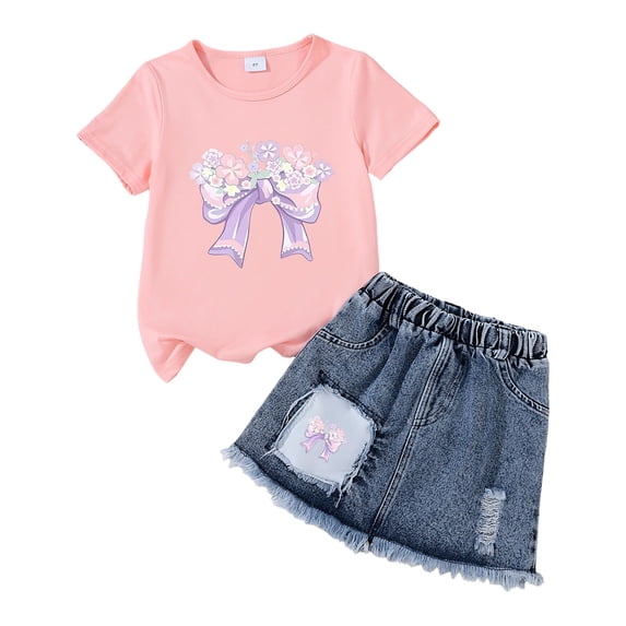Tiijoy Girls Short Sleeve Outfits Casual Flower Bow Graphic Tee Shorts Set, Sizes 4-5