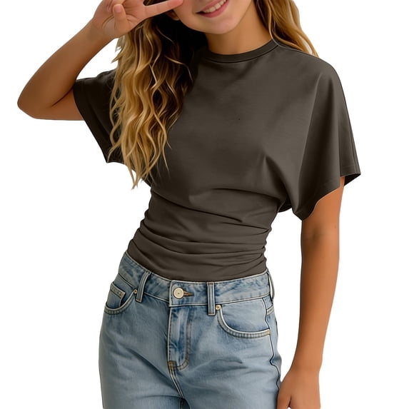 Tiijoy Girls Short Sleeve Ruched T Shirt Summer Casual Solid Crewneck T-Shirt, Sizes 3-14