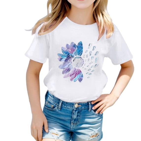 Tiijoy Girls Short Sleeve T Shirt Sunflower Print Crewneck T-Shirt Summer Tee, Sizes 4-5