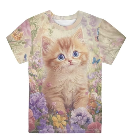 Tiijoy Girls Short Sleeve Tee Shirt Cute Cat Print Round Neck T-Shirt, Sizes 11-12