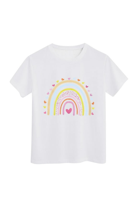 Girls Short Sleeved T Shirt Rainbow Print Crewneck T-Shirt Summer Tee, Sizes 3-13