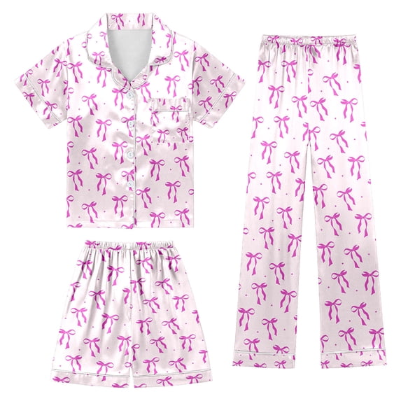 Tiijoy Girls Silk Satin Pajama Set 3 Piece Bow Print Button Down Top Shorts Pants PJs, Sizes 3-13
