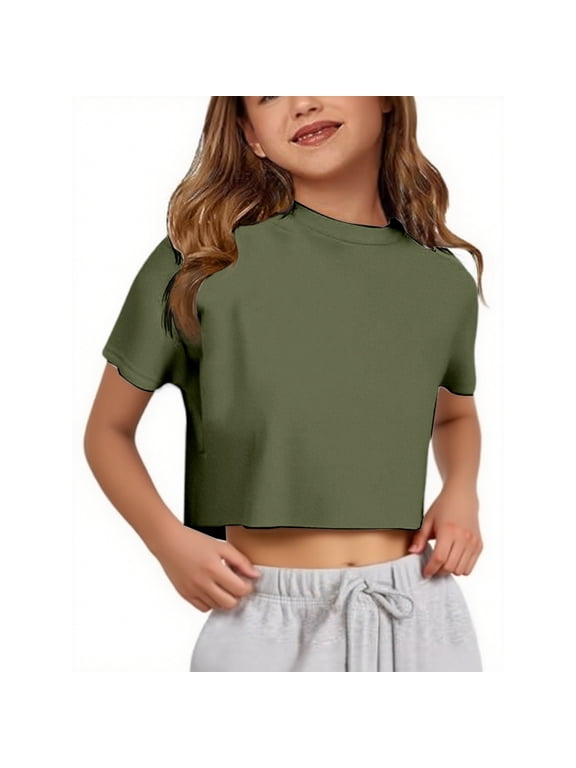Girls Solid Short Sleeve Crop Top Summer Casual Active T-Shirt Tee Top, Sizes 5-14