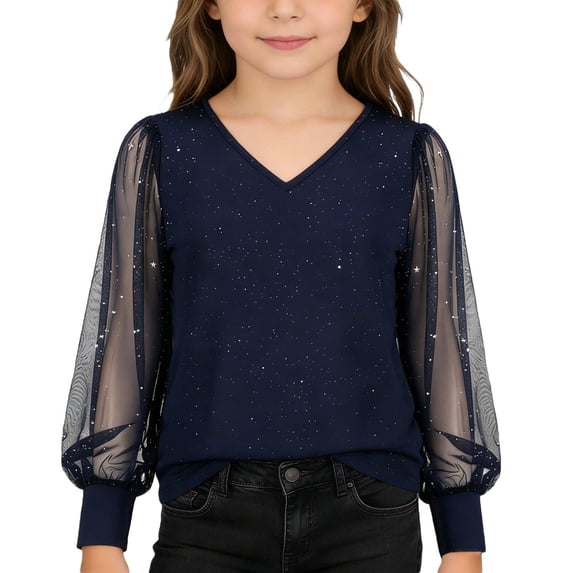 Tiijoy Girls Sparkly Mesh Long Sleeve T Shirt Party V Neck Dressy T-Shirt Top, Sizes 4-14