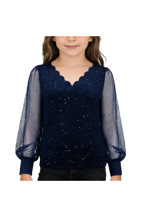 Girls Sparkly Sequins Long Mesh Sleeve T-Shirt Shiny V Neck T Shirt Top, Sizes 4-14