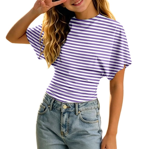 Tiijoy Girls Striped Short Sleeve T Shirt Summer Fitted Waist T-Shirt Tee Top, Sizes 3-14
