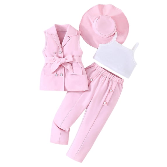 Tiijoy Girls Stylish Sleeveless Suit Vest Camisole Pants Hat 4Pcs Set, Sizes 3-9
