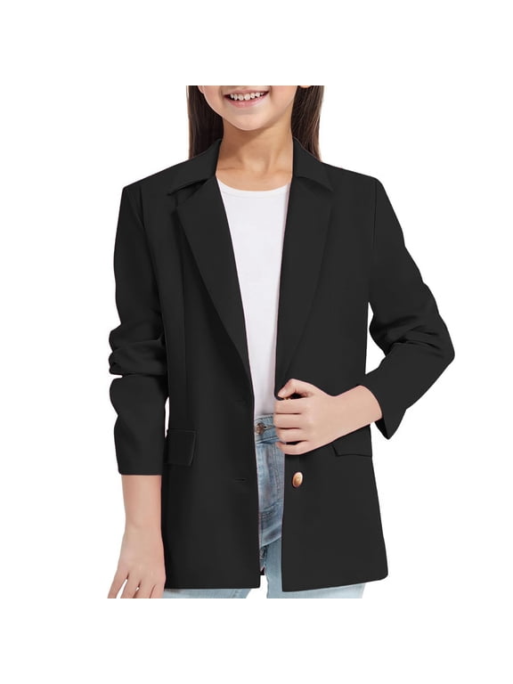 Girls Suit Jacket Formal Lapel Long Sleeve Blazer Sport Coat, Black, Sizes 3-14
