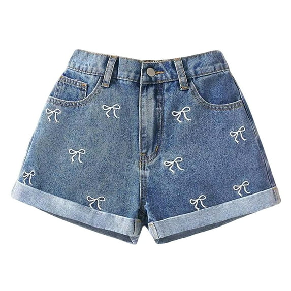 Tiijoy Girls Summer Denim Shorts Bow Print Stretch Jean Shorts Mid Rise Jorts, Sizes 9-10
