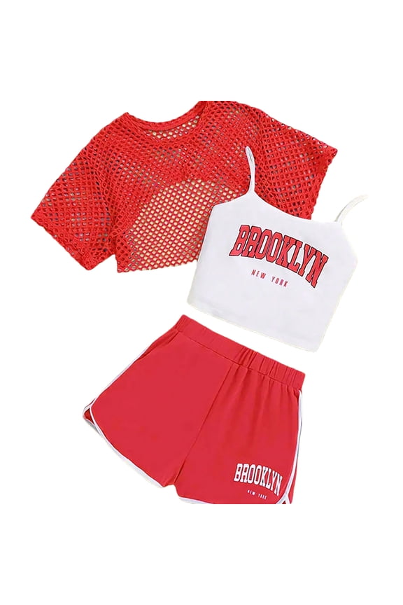 Girls Summer Letter Print Camisole Fishnet Crop Top Shorts 3Pcs Set, Sizes 5-14