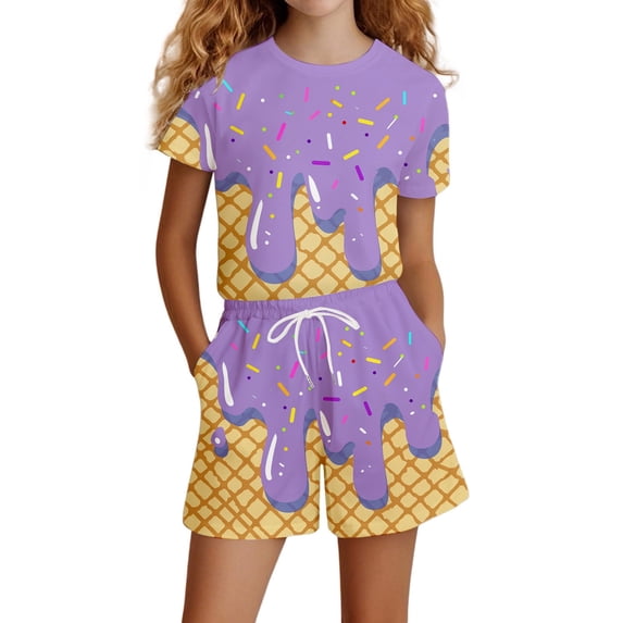 Tiijoy Girls Summer Outfit Set Ice-Cream Print Short Sleeve T Shirt Shorts Set, Sizes 3-11