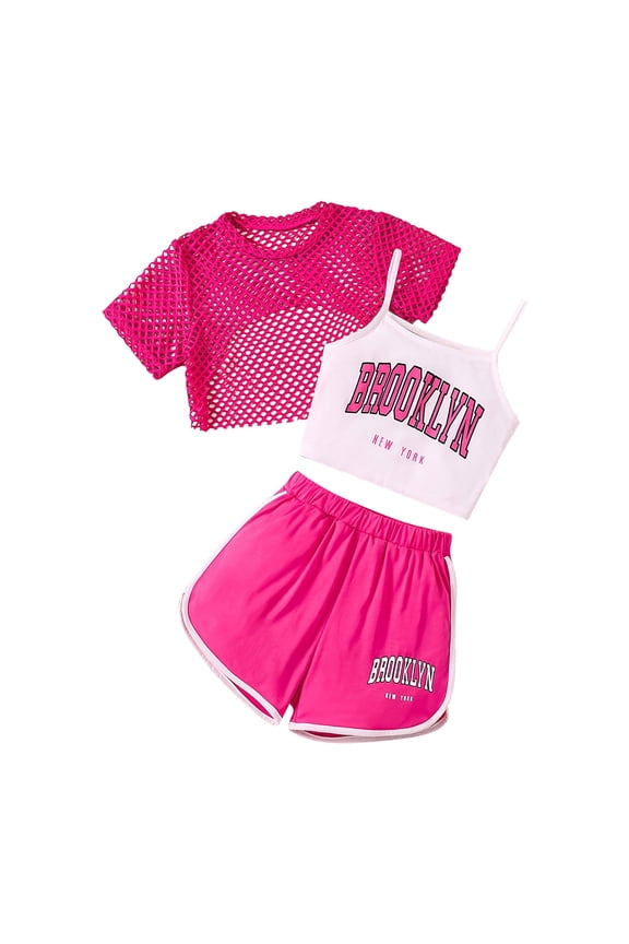 Girls Summer Outfits 3 Piece Camisole Fishnet Cropped Tee Shorts Set, Sizes 5-14
