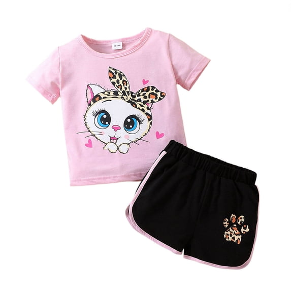 Tiijoy Girls Summer Outfits Cartoon Cat Graphic Short Sleeve T-Shirt Shorts Set, Sizes 1-6