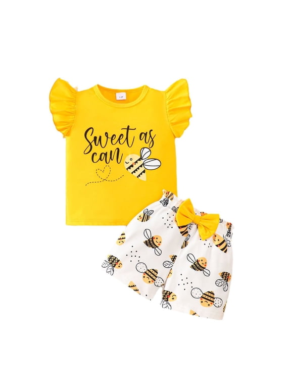 Girls Summer Outfits Cute Bee Print Flutter Sleeve T-Shirt Shorts Set, Sizes 3-4