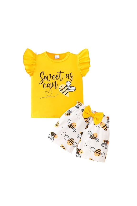 Girls Summer Outfits Cute Bee Print Flutter Sleeve T-Shirt Shorts Set, Sizes 7-8