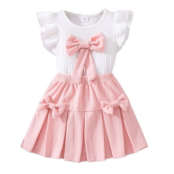 Tiijoy Girls Summer Outfits Cute Bow Flutter Sleeve T-Shirt Pleated Skirt Set, Sizes 4-5