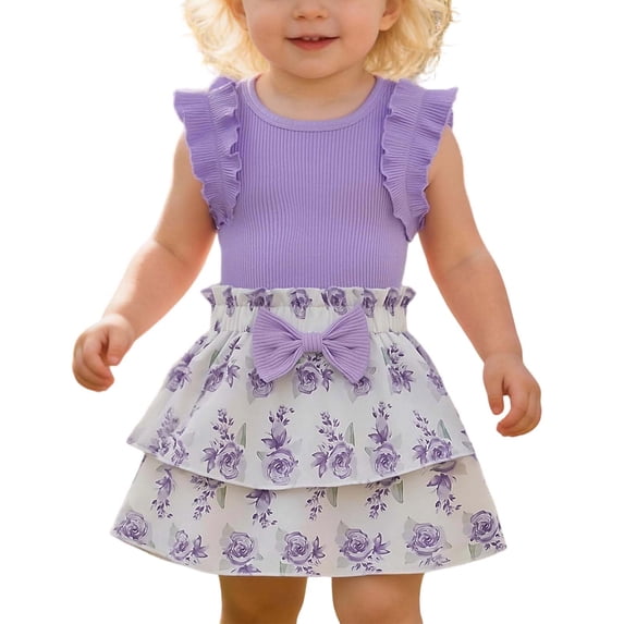 Tiijoy Girls Summer Outfits Cute Ruffle Ribbed Tank Top and Floral Skirt Set, Sizes 2-3