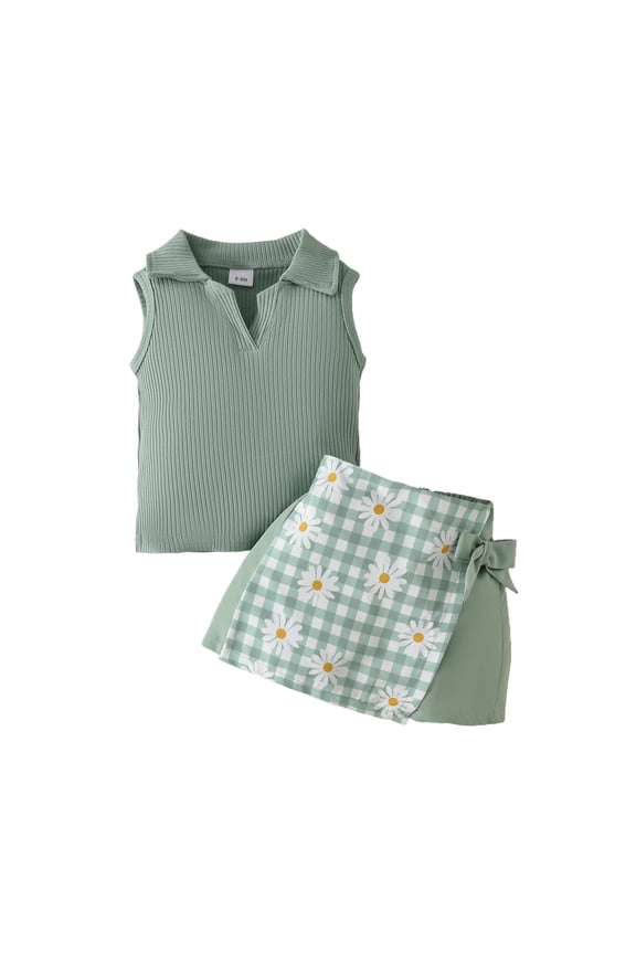 Girls Summer Outfits Sleeveless Ribbed Top Flower Plaid Shorts Set, Sizes 6M-3T