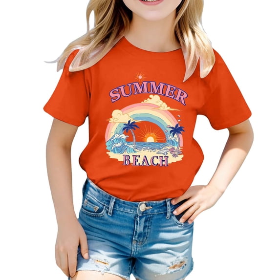 Tiijoy Girls Summer Short Sleeve T-Shirt Beach Graphic Tee Crew Neck T Shirt, Sizes 1-13
