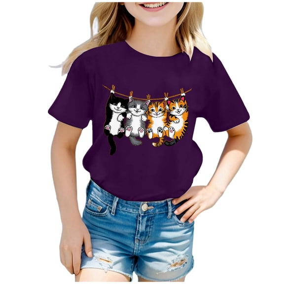 Tiijoy Girls Summer T-Shirt Cute Cartoon Cat Print Short Sleeve T Shirt Graphic Tee, Sizes 2-14