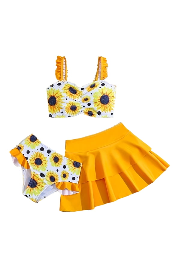 Girls Sunflower Print Bikini Set with Ruffles Beach Skirt Bathing Suit, 3-Piece