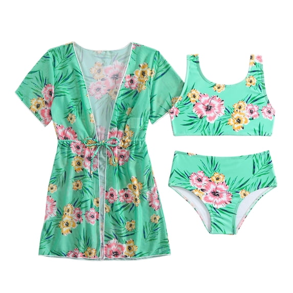 Tiijoy Girls Swimsuit 3 Piece Tropical Print Bikini Set with Coverup Swimwear Bathing Suit