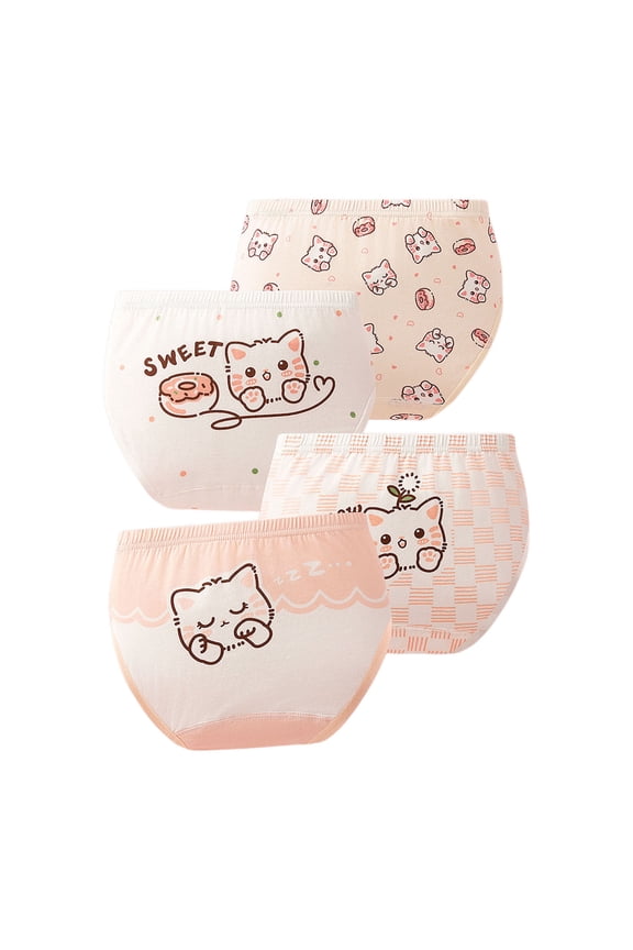 Girls Tagless Soft Cotton Panties Cartoon Cat Print Underwear, 4-Pack, Sizes 13-14