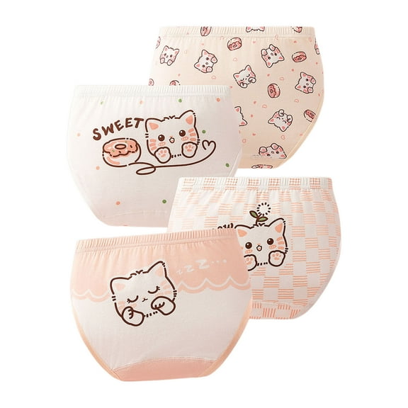 Tiijoy Girls Tagless Soft Cotton Panties Cartoon Cat Print Underwear, 4-Pack, Sizes 5-6