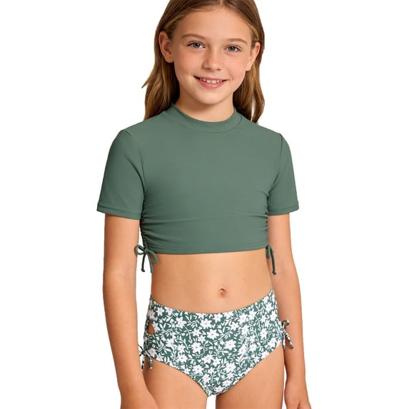 Tiijoy Girls Tankini Set UPF 50+ Short Sleeve Rash Guard Swimsuit Bathing Suit, Sizes 5-14