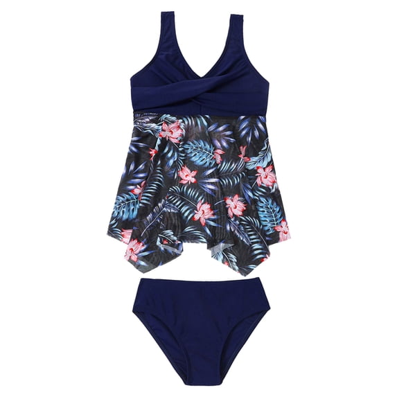 Tiijoy Girls Tankini Swimsuit Tropical Print Ruched Bathing Suit with UPF50+, 2-Piece