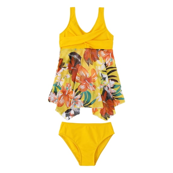 Tiijoy Girls Tankini Swimsuit Tropical Print Ruched Bathing Suit with UPF50+, 2-Piece