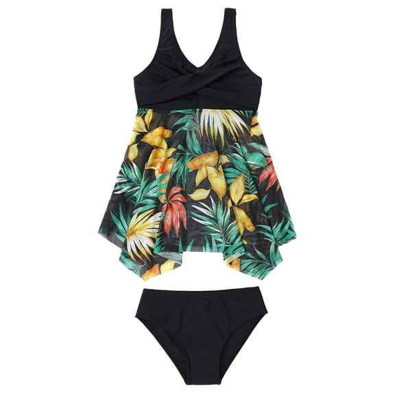 Tiijoy Girls Tankini Swimsuit Tropical Print Ruched Bathing Suit with UPF50+, 2-Piece