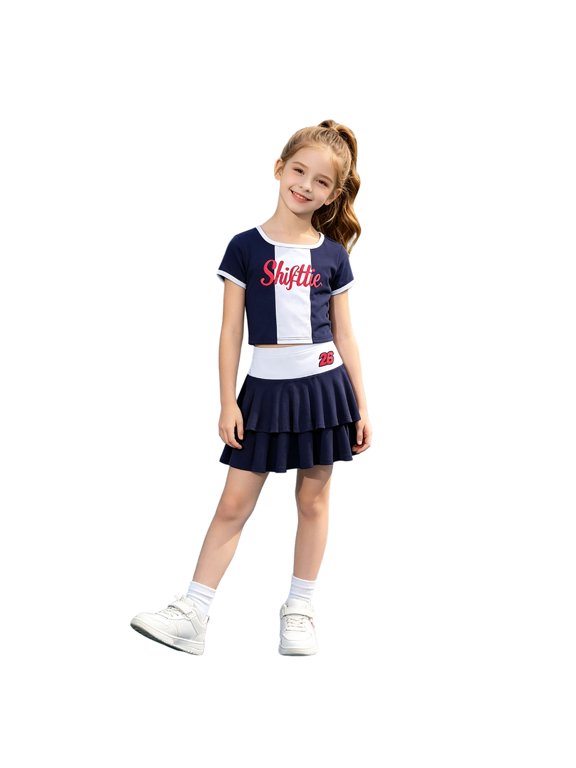 Girls Tennis Sporty Outfits Kids Preppy Short Sleeve T-Shirt Skort Set, Sizes 10-11