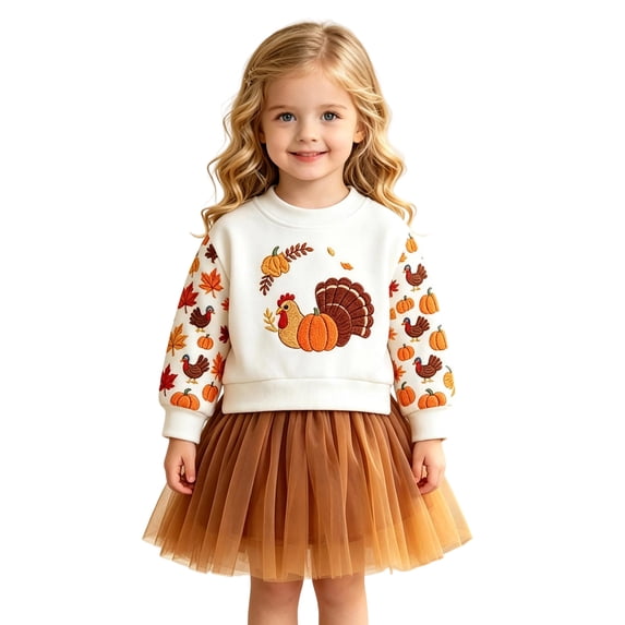 Tiijoy Girls Thanksgiving Day Outfits Kids Fall Turkey Sweatshirt Tulle Skirt, Sizes 5-6