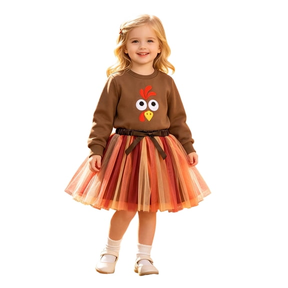 Tiijoy Girls Thanksgiving Outfits Turkey Embroidery Sweatshirt Colorful Tutu Skirt Set