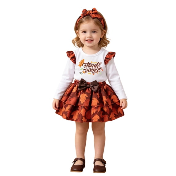 Tiijoy Girls Thanksgiving Ruffle Long Sleeve Tshirt Skirt Headband 3Pcs Outfits, White, Sizes 12M-5T