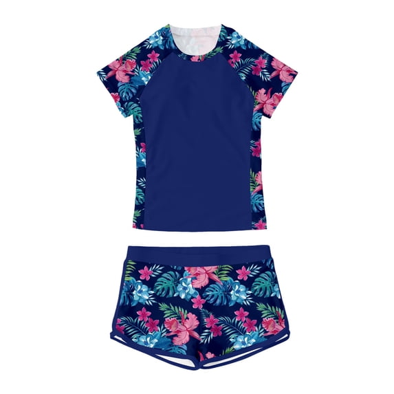 Tiijoy Girls Tropical Print Short Sleeve Rash Guard Swim Shorts 2-Piece Swimsuit