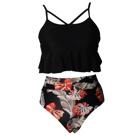 Tiijoy Girls Tropical Print Tankini Swimsuit Beach Ruffle UPF 50+ Bathing Suit, Sizes 2-13