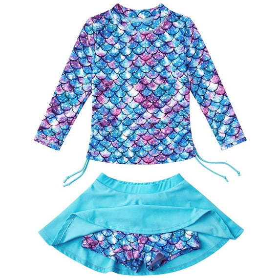 Tiijoy Girls Two-Piece Swimsuit Scale Print Long Sleeve Rash Guard Skort Bathing Suit, Sizes 3-4